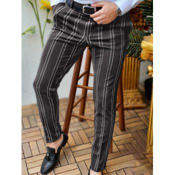 

Striped Print Long Pants Pockets Zipper Fly Casual Pants, Gray