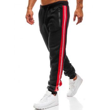 

Patchwork Jogger Pants Drawstring Waist Zipper Pockets Beam Feet Sports Pants, Black