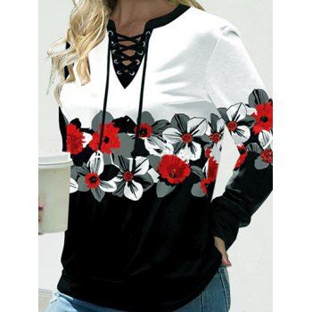 

Lace Up Sweatshirt Contrast Colorblock Fower Print Long Sleeve Sweatshirt, White