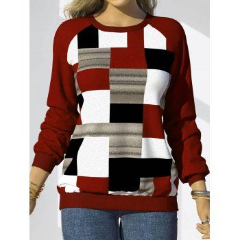 

Colored Colorblock Plaid Print Long Sleeve Casual T Shirt, Red