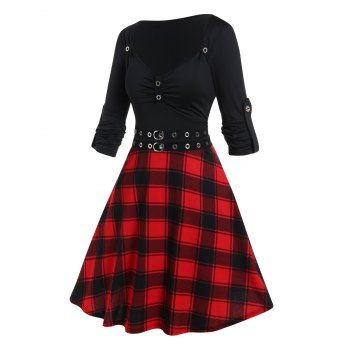 

Plus Size Dress Plaid Print Panel Ruched Grommet Empire Waist A Line Mini Dress, Red