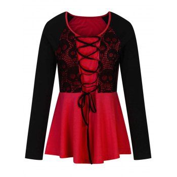 

Colorblock T Shirt Skull Lace Panel Lace Up Long SLeeve Casual Tee, Red