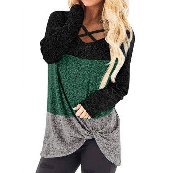 

Colorblock T Shirt Twisted T Shirt Long Sleeve Crisscross Casual Tee, Deep green