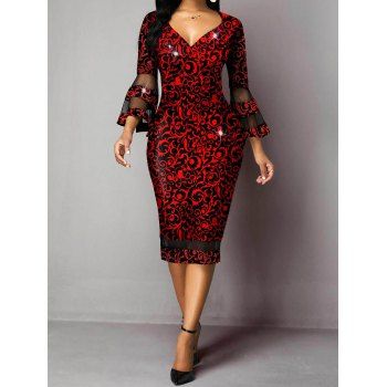 

Printed Dress Sheer Lace Panel Flare Sleeve Plunging Neck Midi Bodycon Dress, Deep red