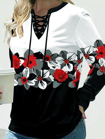 Sweat-shirt Confortable à Imprimé Fleur en Blocs de Couleurs à Manches Longues à Lacets - Blanc XL