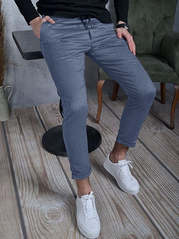 Pantalon Chino Zippé à Jambe Droite en Couleur Unie avec Poches - Bleu clair XL
