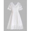 Solid Color Dress Sheer Lace Panel Layered Sleeve High Waisted A Line Mini Dress - WHITE XXL