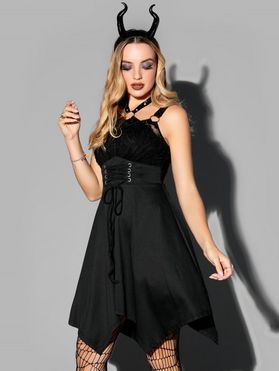 Corset Style Gothic Asymetrical A Line Dress Lace-up Rose Lace Insert O Ring Halter Dress