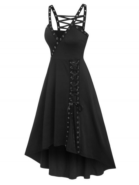 Eyelet Lace Up Gothic Dress Surplice Plunging Neckline High Low Dress Punk Sleeveless Midi A Line Dress