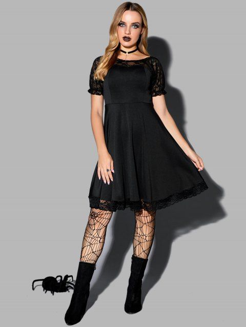 A Line Dress Sheer Lace Insert Scalloped Solid Color High Waisted Mini Dress