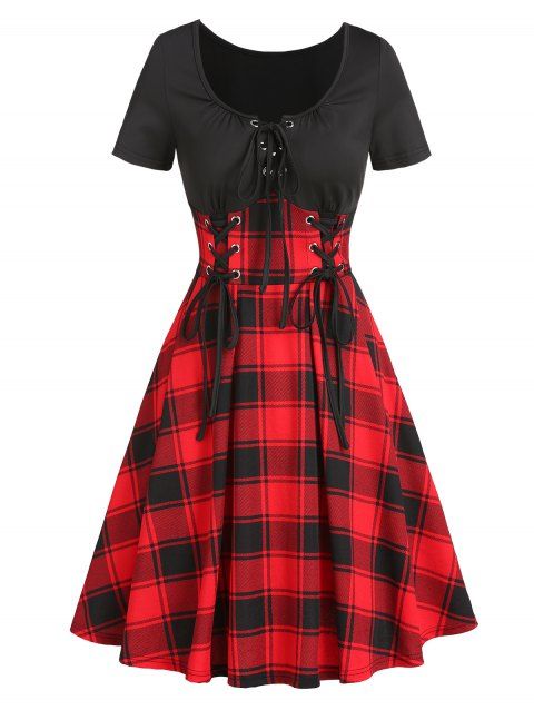 Plaid Print Vintage Mini Dress Lace Up Corset Style Combo Dress Short Sleeve A Line Dress
