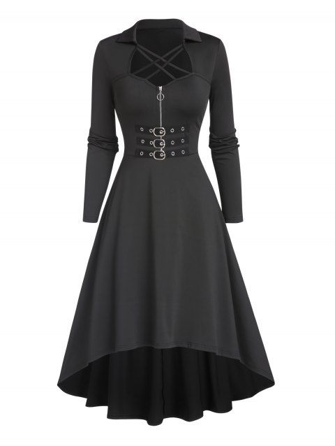 Robe gothique croisée couleur unie demi-fermeture éclair taille haute robe boucle robe midi haute basse