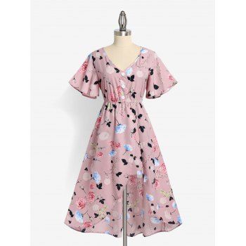 

Plus Size Flutter Sleeve Floral Print High Low Dress, Light pink