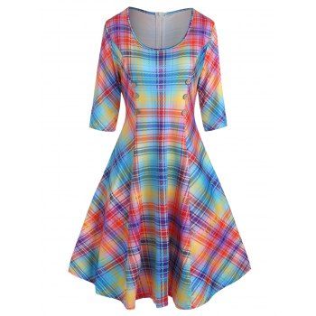 

Colorful Plaid Print Tee Dress Half Sleeve Mock Button A Line Dress, Multicolor