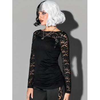 

Long Sleeve T Shirt Floral Lace T Shirt Solid Color Grommet Ruched Round Neck Casual Tee, Black
