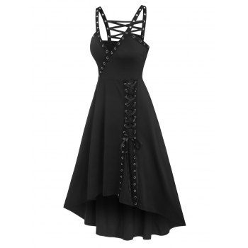 

Eyelet Lace Up Gothic Dress Surplice Plunging Neckline High Low Dress Punk Sleeveless Midi A Line Dress, Black