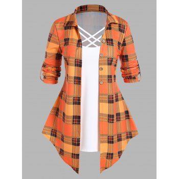 

Plus Size Faux Twinset T Shirt Plaid Print Crisscross Asymmetrical Hem Casual T Shirt, Orange