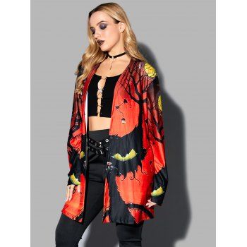

Halloween Black Cat Moon Night Landscape Print Coat Open Front Long Coat, Orange