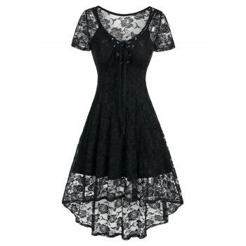 

Lace-up Flower Lace Dress and Plain Cami Dress, Black