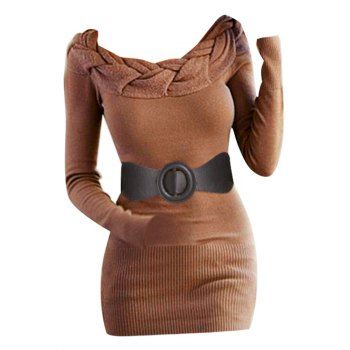 

Twisted Cable Knit Mini Dress Raglan Sleeve Ribbed Belted Knitted Sweater Dress, Coffee