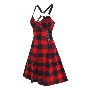 

Vintage Dress Plaid Print Lace Up Mini Dress O Ring A Line Sundress, Red