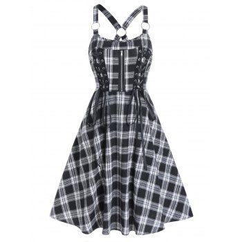 Vintage Dress Plaid Print Dress Lace Up O Ring Cut Out High Waist A Line Mini Summer Casual Dress