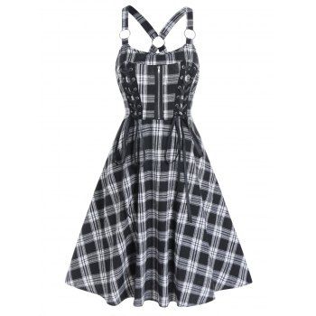 

Vintage Dress Plaid Print Dress Lace Up O Ring Cut Out High Waist A Line Mini Summer Casual Dress, Black