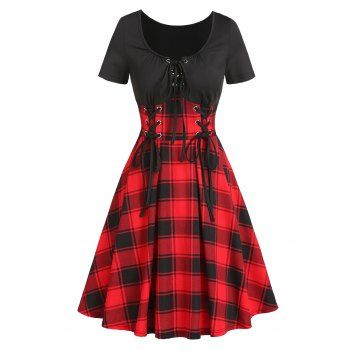 

Plaid Print Vintage Mini Dress Lace Up Corset Style Combo Dress Short Sleeve A Line Dress, Red