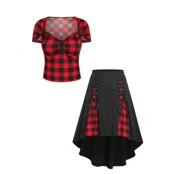 

Vintage Plaid Print Mock Button Sweetheart Neck and Lace Up High Low Skirt Summer Outfit, Red