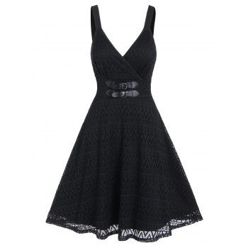 

Geometric Pattern Lace Overlay Party Dress Buckles Backless Plunging Neck Surplice A Line Dress, Black