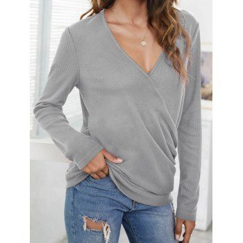 

Plain Color Surplice V Neck Top Textured Mock Button Long Sleeve Top, Light gray