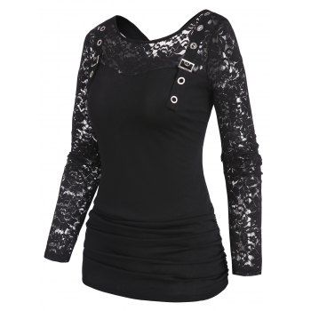 

Long Sleeve T Shirt Floral Lace T Shirt Solid Color Grommet Ruched Round Neck Casual Tee, Black