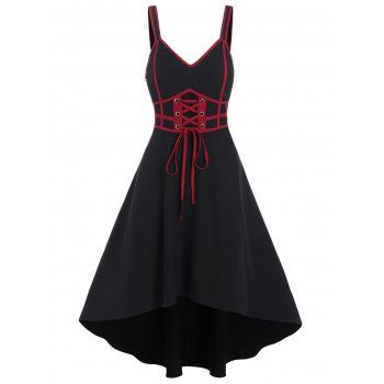 

Gothic Dress Contrast Pipe Lace Up Empire Waist V Neck Sleeveless High Low Midi Casual Dress, Black