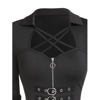 Gothic Dress Crisscross Solid Color Half Zipper High Waisted Dress Buckle High Low Midi Dress