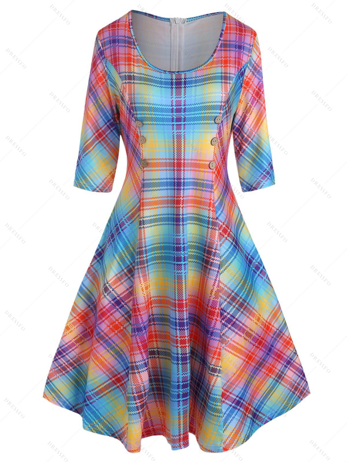 Robe Ligne A à Carreaux Colorée Imprimée avec Demi-Bouton à Manches - multicolor XXL
