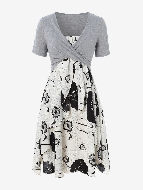 Robe Mi-Longue Superposée Imprimée de Grande Taille avec Haut Court Croisé - Gris L