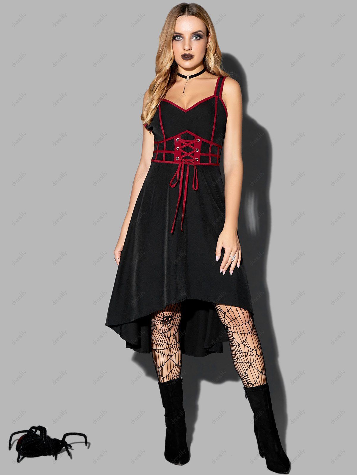 Gothic Dress Contrast Pipe Lace Up Empire Waist V Neck Sleeveless High Low Midi Casual Dress - BLACK XXXL