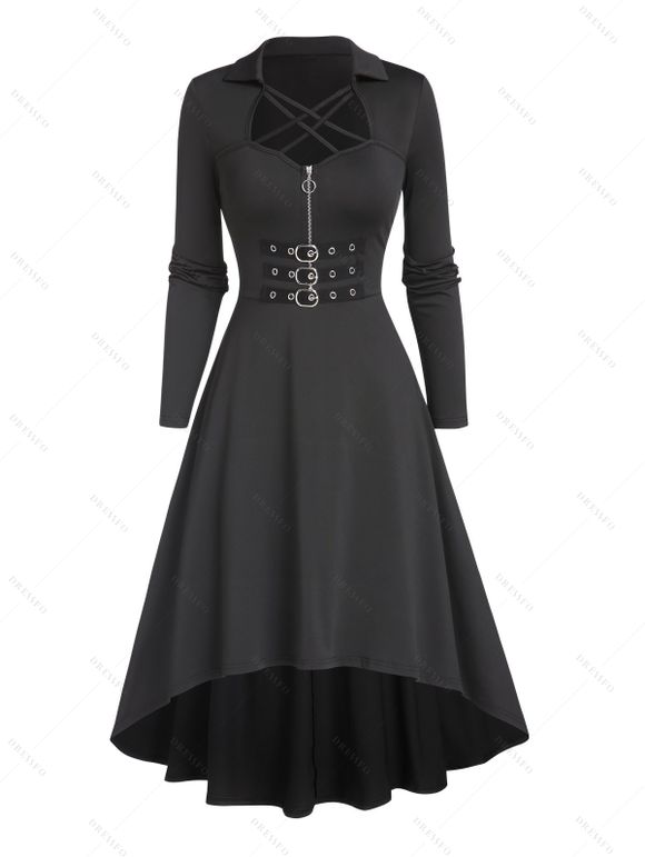 Robe gothique croisée couleur unie demi-fermeture éclair taille haute robe boucle robe midi haute basse - Noir M