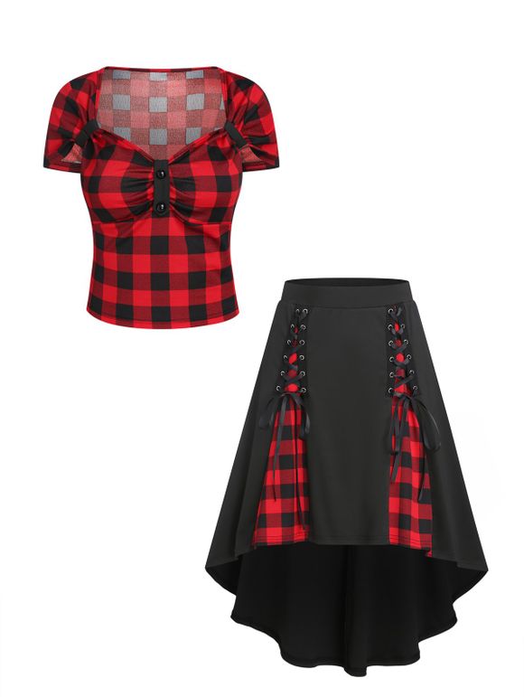 Vintage Plaid Print Mock Button Sweetheart Neck and Lace Up High Low Skirt Summer Outfit - RED M