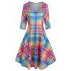 Robe Ligne A à Carreaux Colorée Imprimée avec Demi-Bouton à Manches - multicolor M