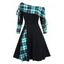 Robe Evasée Rayée Plissée à Col Convertible en Ligne A - Vert L