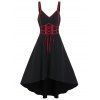 Gothic Dress Contrast Pipe Lace Up Empire Waist V Neck Sleeveless High Low Midi Casual Dress - BLACK XXL