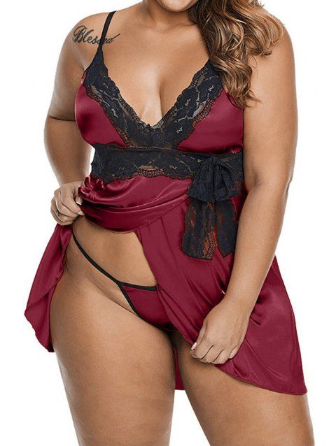 Robe Lingerie en Blocs de Couleurs Panneau en Dentelle de Grande Taille avec Nœud Papillon