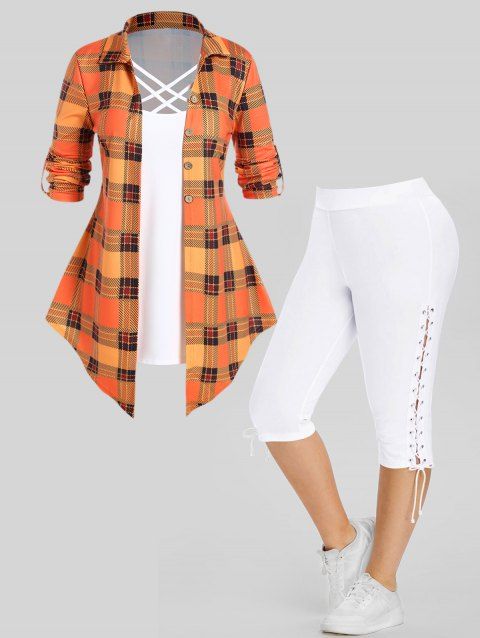 Plus Size Plaid Print Crisscross Faux Twinset T Shirt And Lace Up Capri Leggings Casual Outfit