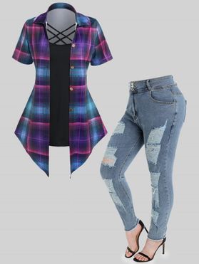 Plus Size Plaid Print Crisscross Colorblock Faux Twinset T Shirt And Ripped Frayed Skinny Jeans Casual Outfit