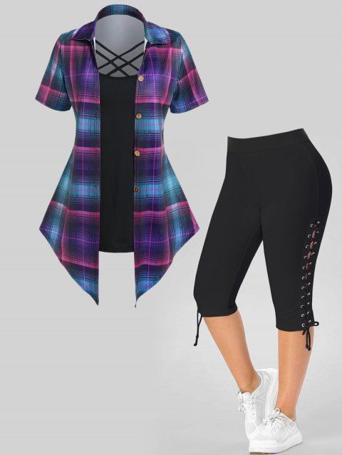Plus Size Plaid Print Crisscross Colorblock Faux Twinset T Shirt And Lace Up Capri Leggings Casual Outfit