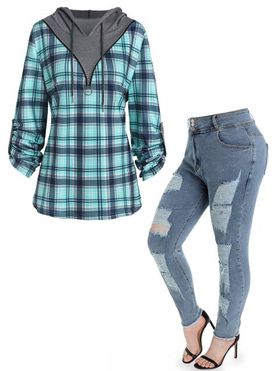 Plus Size Plaid Print Half Zipper Colorblock Faux Twinset Hoodie And Ripped Frayed Skinny Jeans Casual Outfit