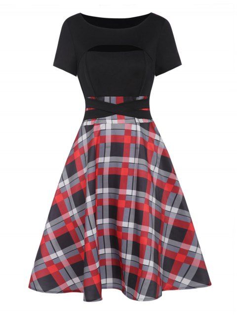 Colorblock Dress Plaid Print Panel Cut Out Tied Back High Waisted A Line Mini Dress