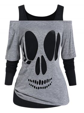 Skull Cut Out Off The Shoulder Top And Cold Shoulder Long Sleeve Plain Color Tee Two Piece Set
