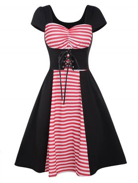 Colorblock Dress Striped Print Ruched Lace Up High Waist A Line Mini Dress
